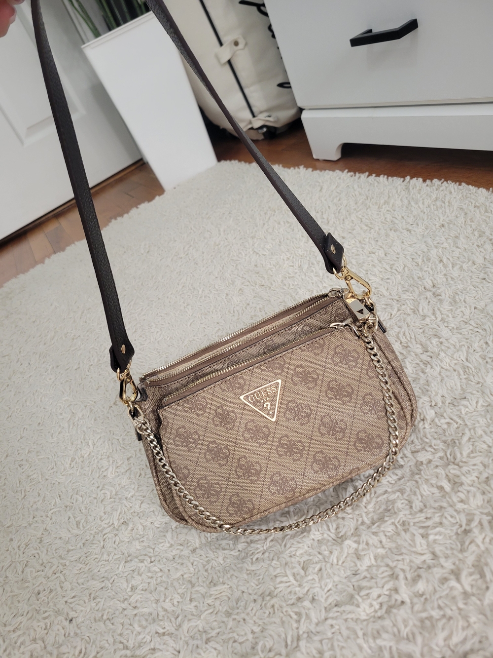 GUESS Taupe Monogram Shoulder Bag with Gold Chain